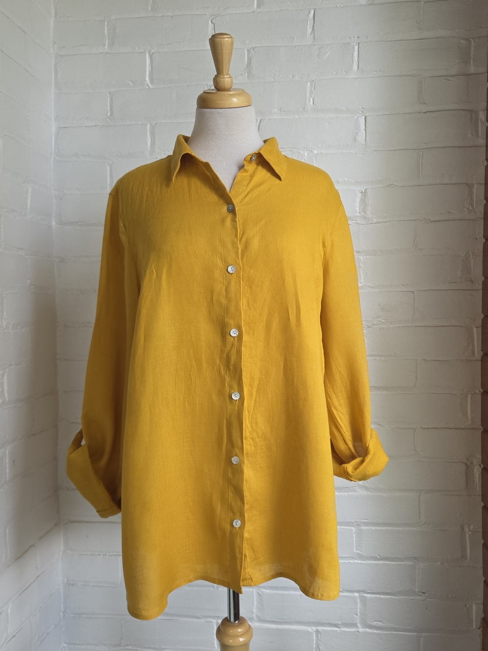 J JILL LOVE LINEN BUTTON FRONT TAB SLEEVE MUSTARD YELLOW Sz XL See measurements
